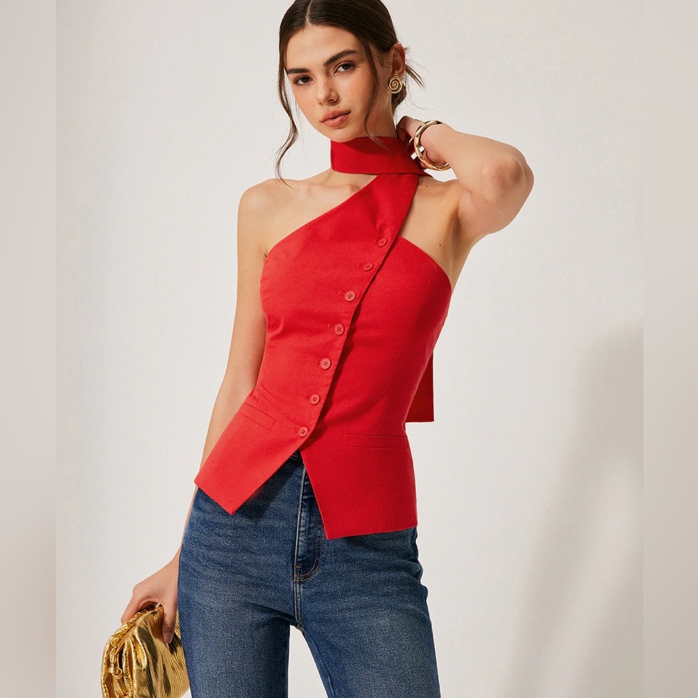 62 Cotton & Linen Halter Top With Decor Pockets